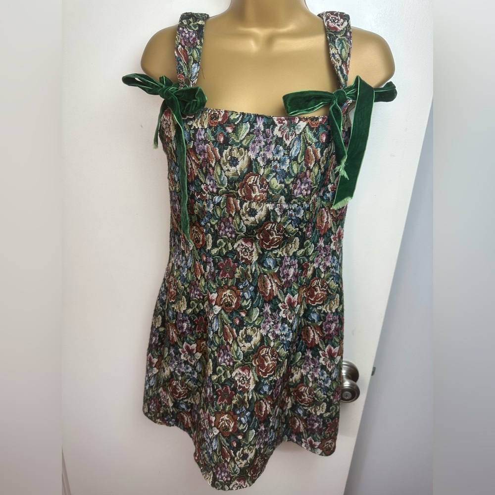 Dolls Kill Floral Tapestry Mini Dress with Green Velvet Ties - Picture 2 of 16